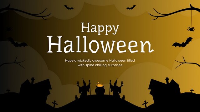 Happy Halloween Facebook event cover banner template with silhouettes of witches, cauldron, haunted houses, and flying bats on a gold gradient background.