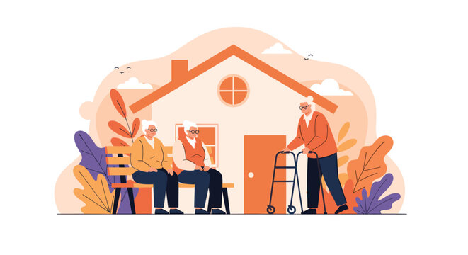 Elderly women relaxing outside a nursing home with one lady sitting on a bench and another using a walker.
