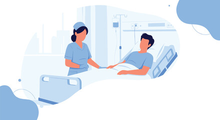 Obraz premium Caring professional nurse in uniform checking on a male patient lying in a hospital bed with medical equipment around him.