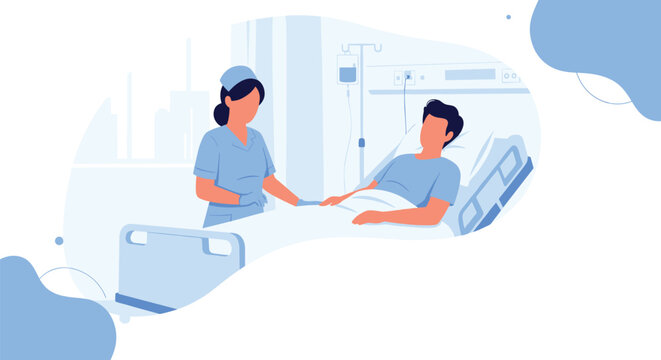 Caring professional nurse in uniform checking on a male patient lying in a hospital bed with medical equipment around him.