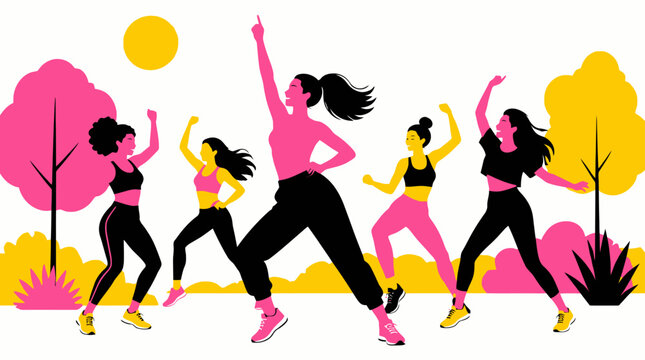 Diverse women dancing in park landscape.