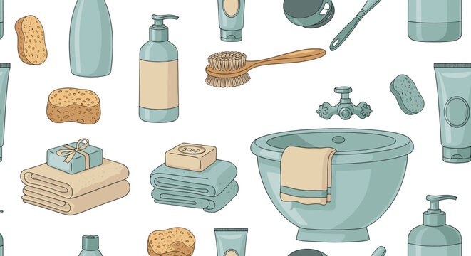 Bathroom hygiene and beauty accessories are presented in a charming hand drawn seamless pattern featuring bottles, sponges, and a sink.