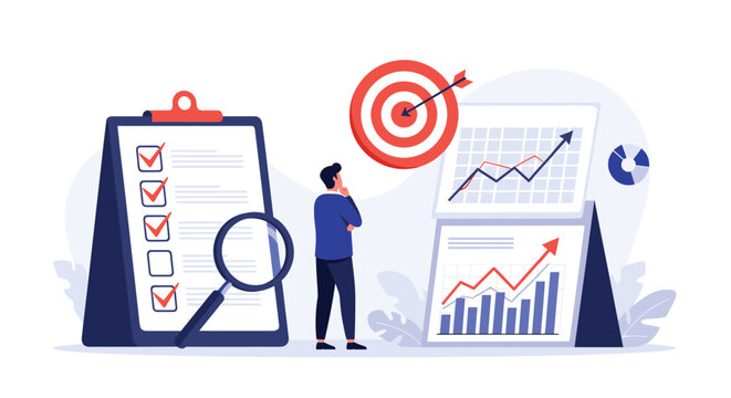 Business analyst evaluating key performance indicators and audit checklist next to financial target board.