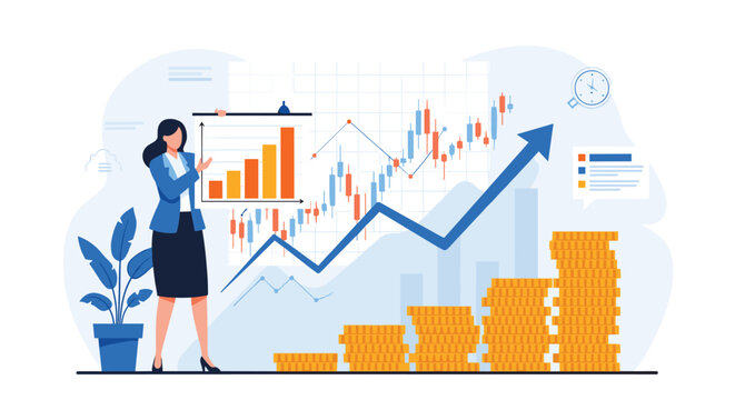 Professional businesswoman presenting stock market growth charts with stacks of gold coins in background.