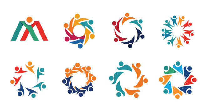 Set of eight circular team and community logo designs with abstract people icons in colorful arrangements.