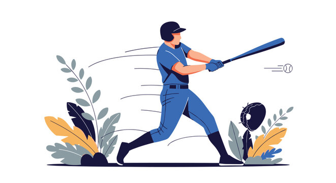 Baseball player swinging his bat to hit a ball during an athletic match with a flying glove in background.