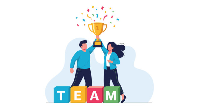 Successful teammates celebrating victory by holding a golden trophy above block letters spelling out TEAM.