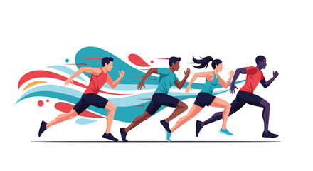 Fototapeta premium Diverse dynamic team of professional athletes running sprint race with abstract colorful speed trails behind.