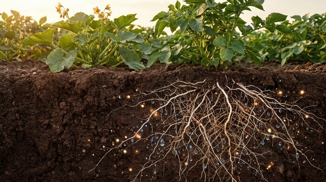 soil showing potato plant roots with glowing nutrients and water droplets, concept of agriculture and organic growth.