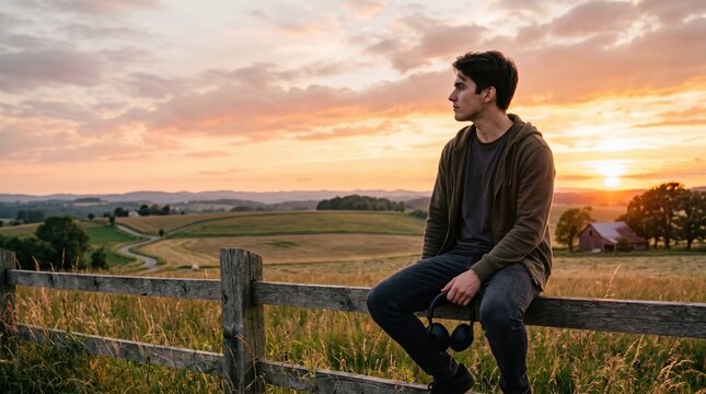 Young man sitting on a wooden fence at sunset listening to music, concept of peace and contemplation in nature.