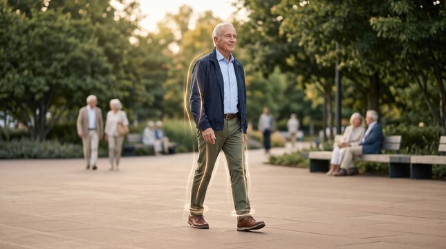 A healthy senior man walking in a park, surrounded by a glowing aura representing vitality and well-being in old age.