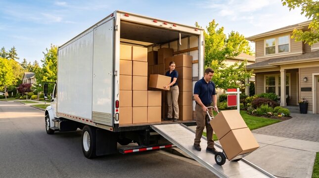 Professional moving service concept, a team of two movers efficiently loading cardboard boxes into a moving truck at a residential home.