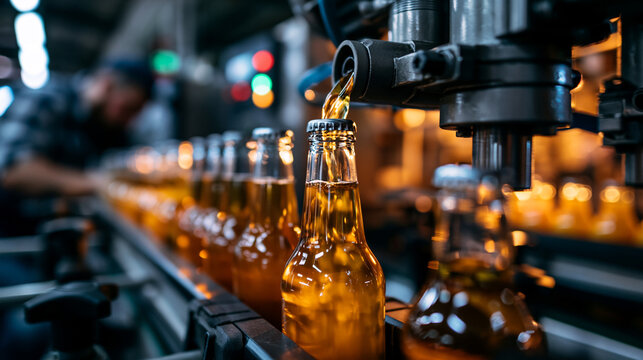 Juice bottling production line with rows of glass bottles being filled and capped at a bright beverage factory selective focus on the golden liquid bottling line juice