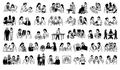 Fototapeta premium Doctor Nurse and Patient Hand Drawn Doodle Vector Illustration Set Black and White