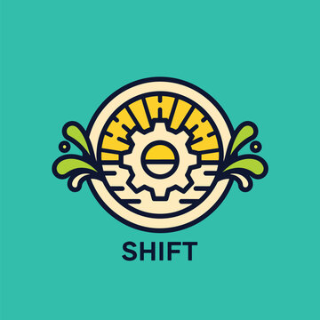Minimalist circular logo design featuring a gear icon with sunrise elements and water splashes.