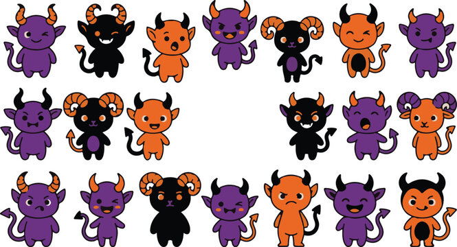 Collection of cute cartoon devil characters with various expressions character halloween collection illustration
