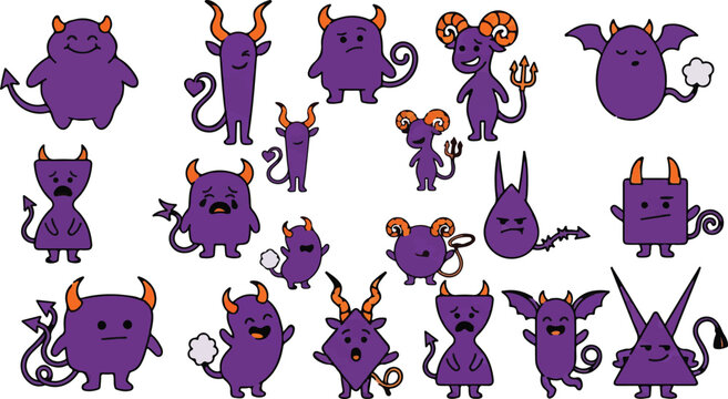 Set of funny purple cartoon monsters and devils in various shapes with character creature illustration collection