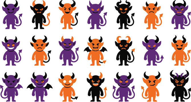 Group of happy and angry cartoon devils in orange and purple with character halloween expression collection illustration