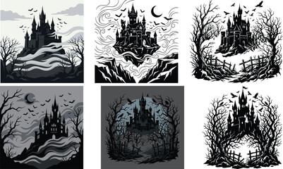 Obraz premium Gothic haunted castle vector set, spooky medieval fortress illustrations with bats and dead trees, dark fantasy mansion collection for Halloween