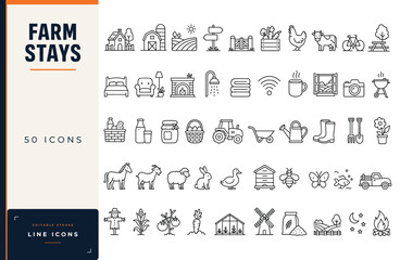 Naklejka premium Farm stays line icon set featuring agritourism, rural accommodation, farming activities, livestock, fresh produce, and country lifestyle