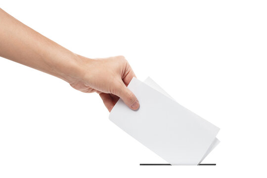 Hand inserting folded ballot paper into voting box slot, isolated on transparent cutout background