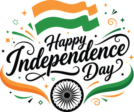 Vibrant vector illustration featuring elegant typography for Indian independence day celebration with tricolor flag elements and a circular chakra wheel