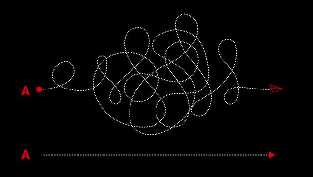 Complex and easy way from point A to B. hand drawn doodle scribble chaos path lines. kids tracing paths, Motion graphics of line direction concept