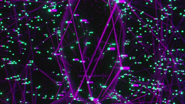 Futuristic digital human silhouette integrated with complex neural network. Abstract data visualization, HUD interface infographics and telemetry metrics analyzing human mind and artificial intelligen