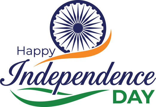 Professional vector illustration of the Indian independence day featuring the ashoka chakra wheel with vibrant orange and green swoosh elements