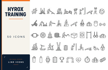 Obraz premium Hyrox training line icon set featuring fitness exercises, gym equipment, running, rowing, kettlebells, and functional workout symbols