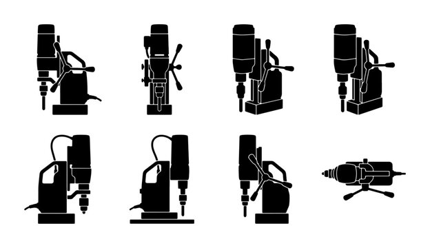 Magnetic Drill Press Icons, Industrial Machine Vector Set, Heavy Duty Equipment Silhouettes