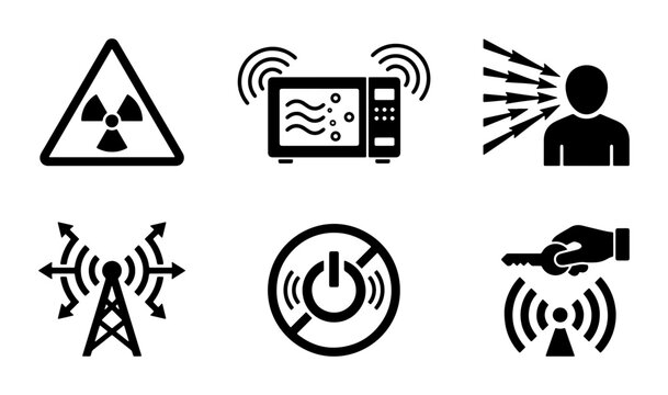 Radiation Warning Icons, Microwave Emission, Signal Interference, Cell Tower, Power Off, Key Signal Vector Set