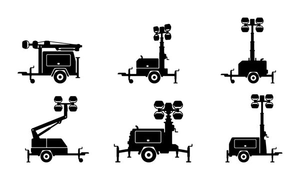Mobile Lighting Towers, Construction Site Illumination Equipment, Portable Floodlight Units, Vector Set