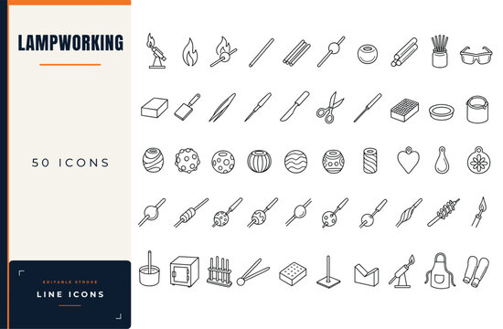 Lampworking line icon set featuring glassblowing tools, torch, beads, mandrels, safety glasses, and glass art crafting equipment