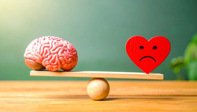 Wooden Balance Scale with Brain and Sad Heart Representing Logic Versus Emotion, Decision-Making, and Motivational Emotional Intelligence Awareness