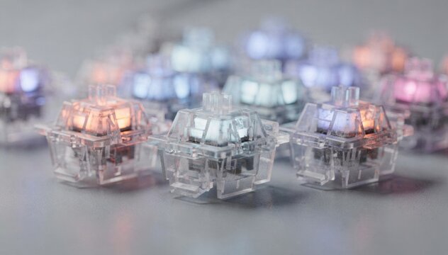 Assembly of backlit keyboard switches illuminated by soft lighting showcasing LED integration and clear switch housings for vibrant keyboard customization