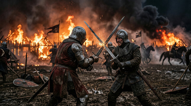 Medieval Battle Fury: Two knights locked in fierce combat amidst a chaotic battlefield, with a burning village and cavalry charging in the background.