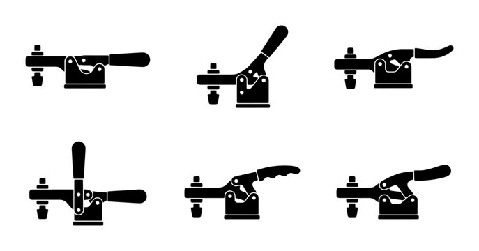 Toggle Clamp Vector Icons, Industrial Fixture Set, Metal Fastener Tools, Workshop Equipment Graphics