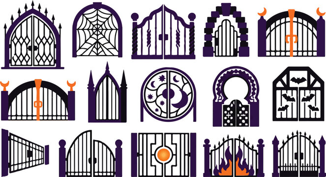 Decorative halloween gates and entrances graphic set with halloween entrance collection celebration architecture