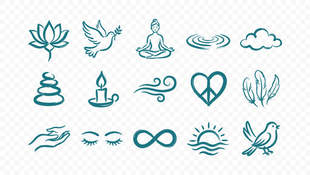 spiritual zen wellness and meditation doodle handmade ink scribble flat line art vector illustration icon bundle set calligraphy drawing design lotus bird moon stars peace art