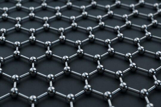 Hexagonal lattice pattern dominates the image. Metal spheres connect with precise, repeating geometry. Dark background contrasts the intricate structure