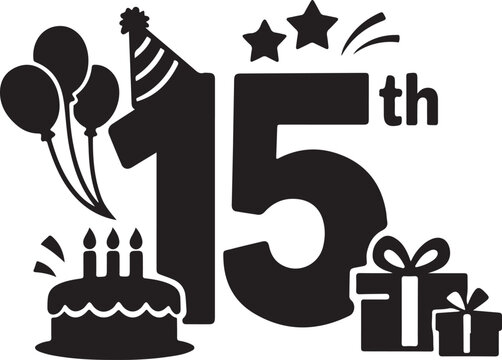 Happy 15th birthday celebration vector illustration with cake balloons party hat and gifts.