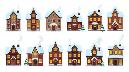 Fototapeta premium Charming collection of twelve snowy winter houses with christmas lights and smoke from chimneys for seasonal holiday scenes.