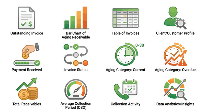 Accounts receivable and invoice management icon set representing financial business metrics