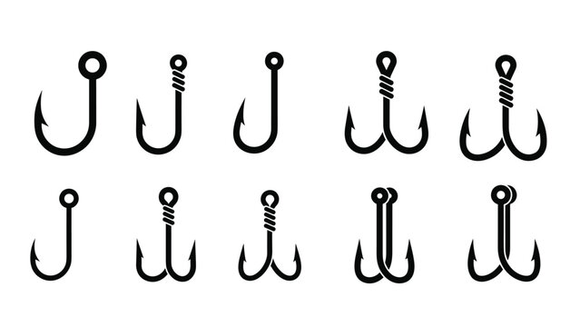 Comprehensive collection of ten black silhouettes showing various types of fishing hooks including single double and triple designs.