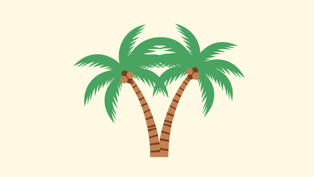 Two tropical palm trees with brown trunks and green fronds leaning away from each other on a neutral beige background.