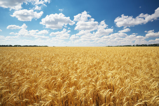Golden ripe wheat field landscape ready for harvest under a vibrant blue sky with fluffy white clouds.