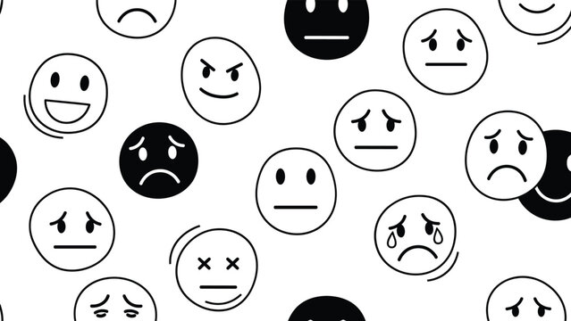 Seamless pattern of hand drawn smiley face icons showing diverse emotions from happy and angry to sad and crying.