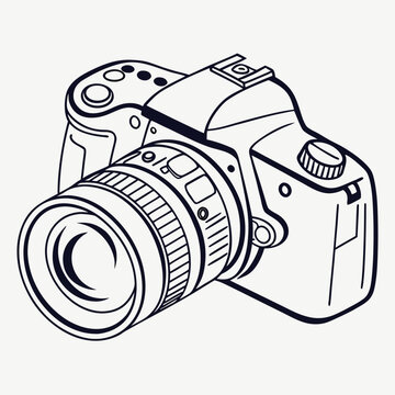 Black and white illustration of a digital single lens reflex camera with detailed outline