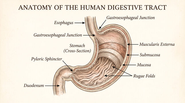 Anatomy of the human digestive tract showing a detailed cross-section diagram of the stomach with labels.